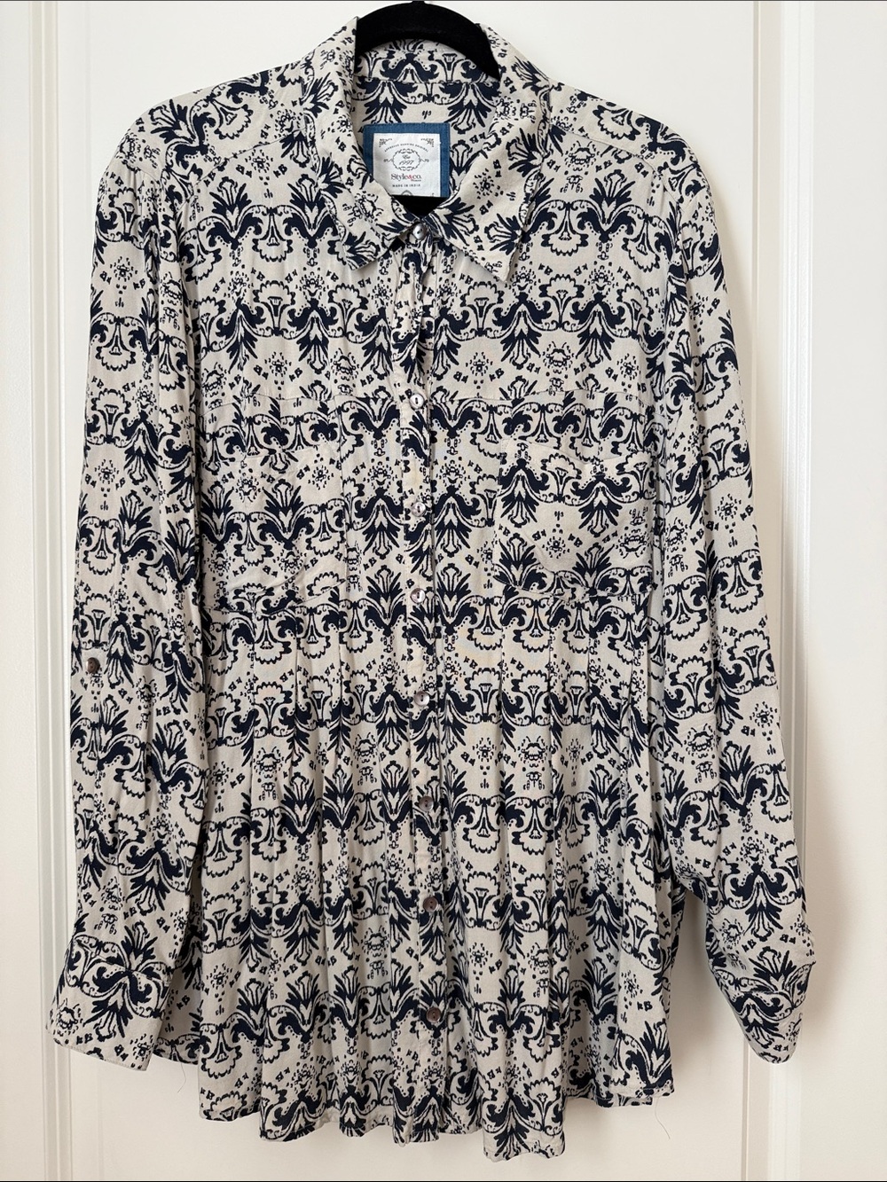 Style & Co. Printed Long-Sleeve Button Blouse- Navy on Cream